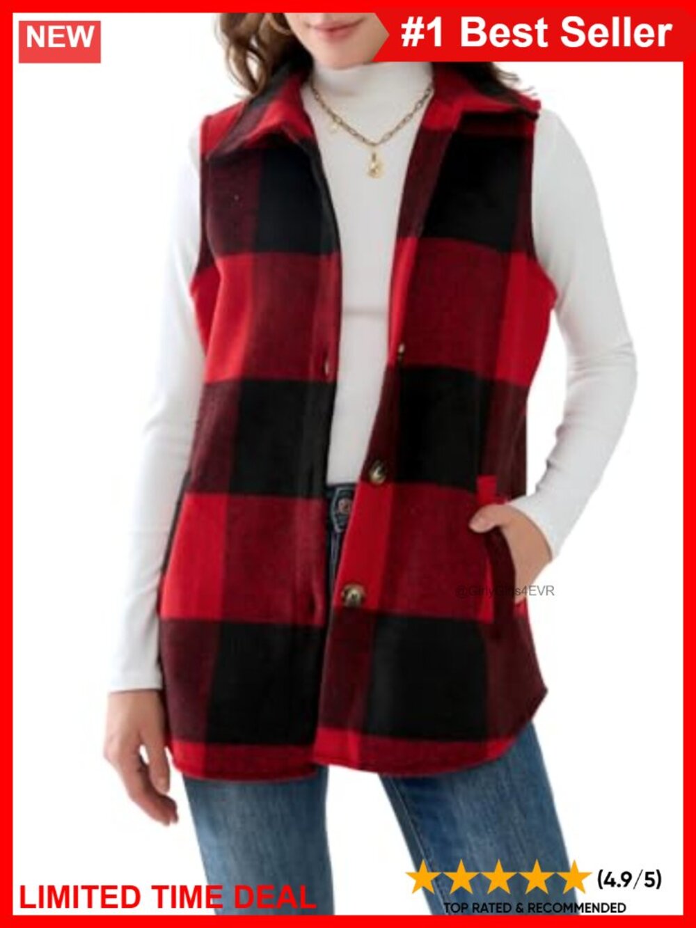 Sleeveless Button Down Plaid Vest with Pockets